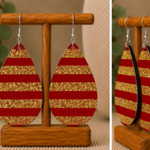 Red & Gold Glitter Stripe Teardrop Earrings