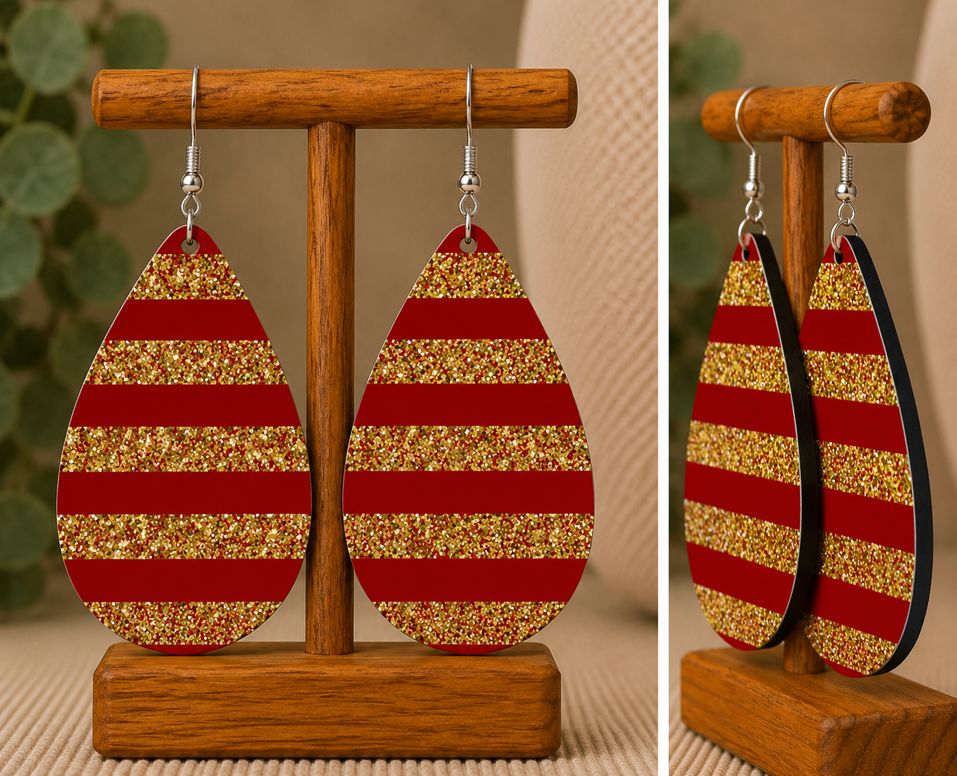 Red & Gold Glitter Stripe Teardrop Earrings