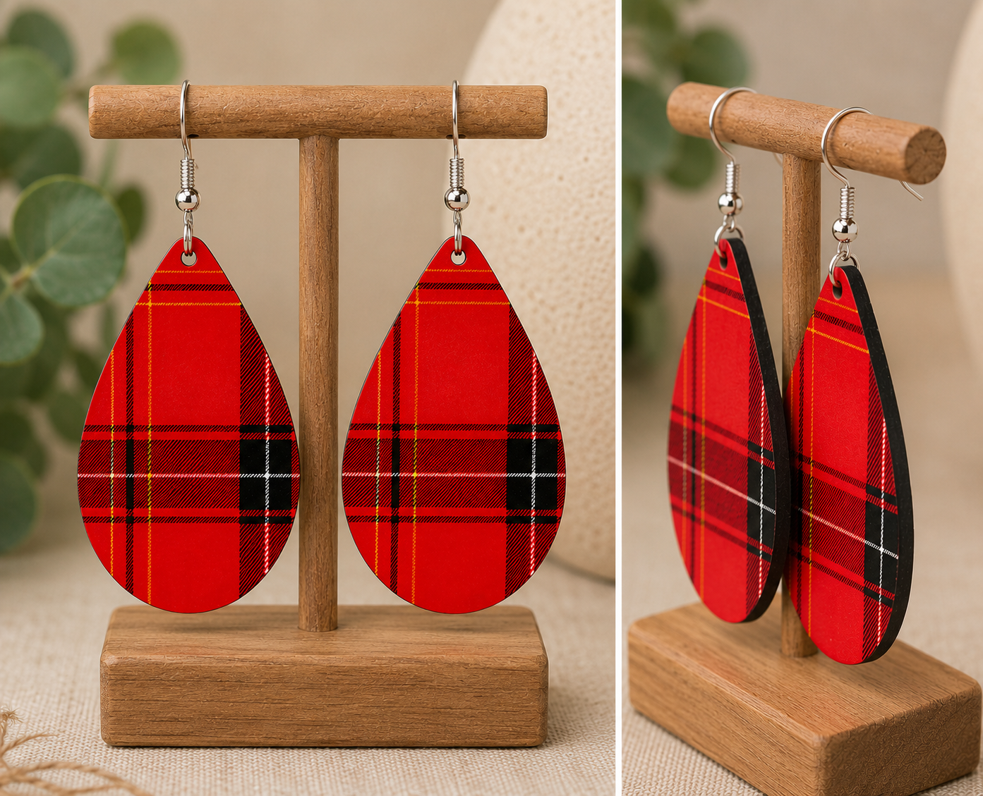 Classic Red Plaid Teardrop Earrings