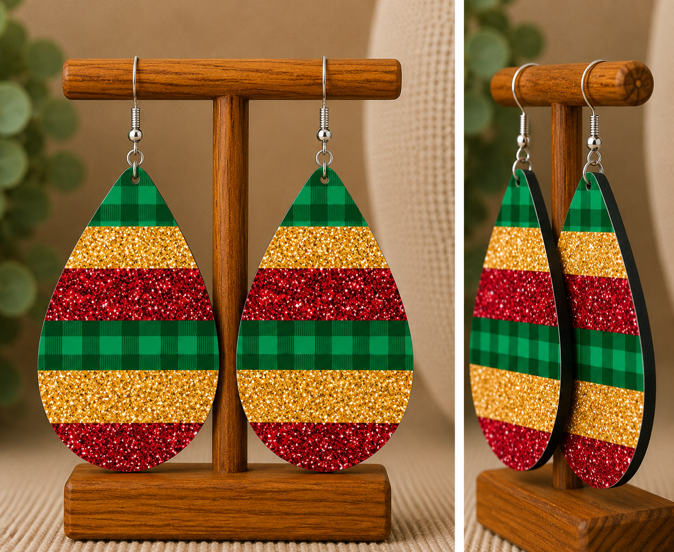 Plaid & Glitter Teardrop Earrings