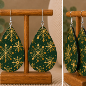 Elegant Green & Gold Snowflake Teardrop Earrings