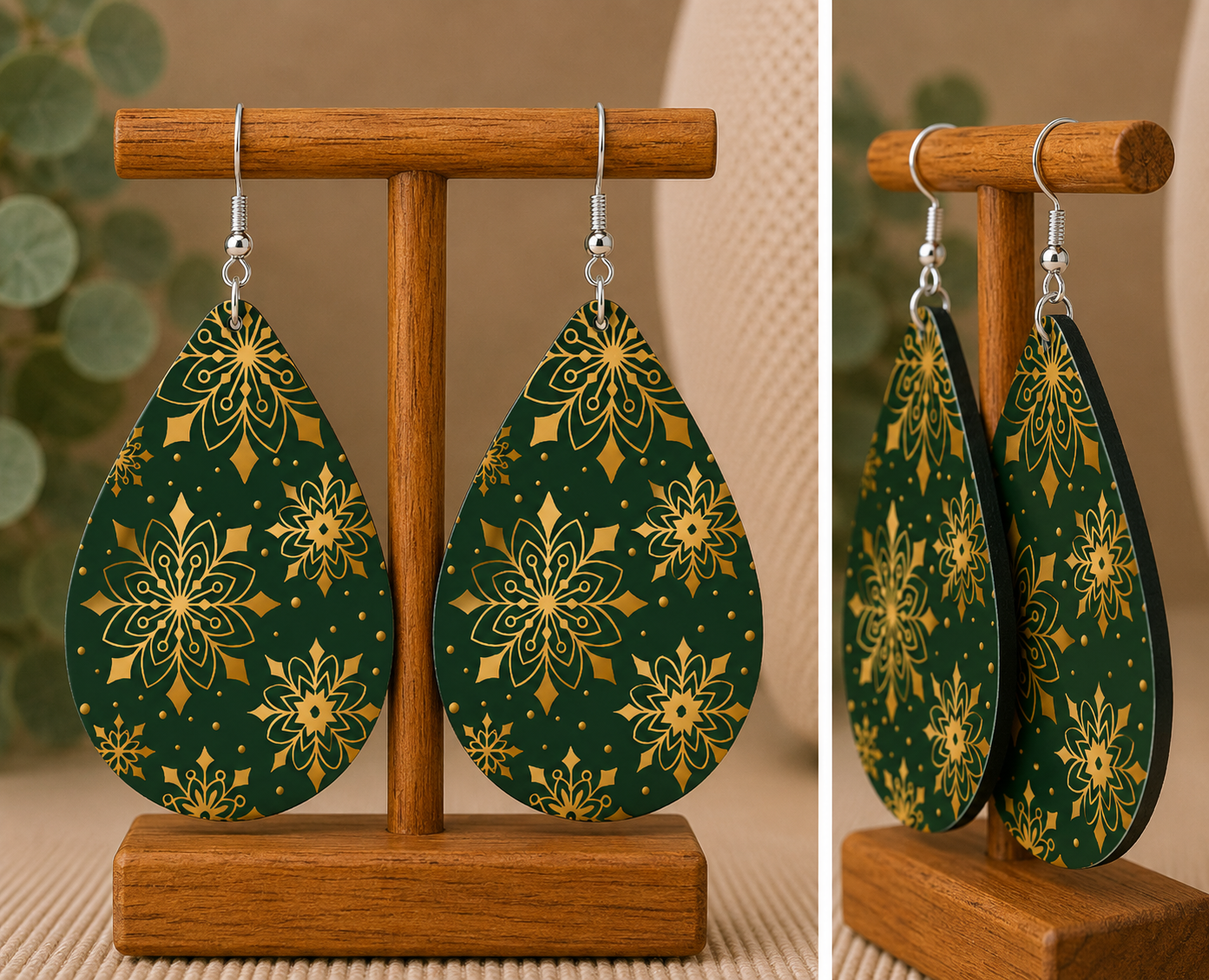 Elegant Green & Gold Snowflake Teardrop Earrings