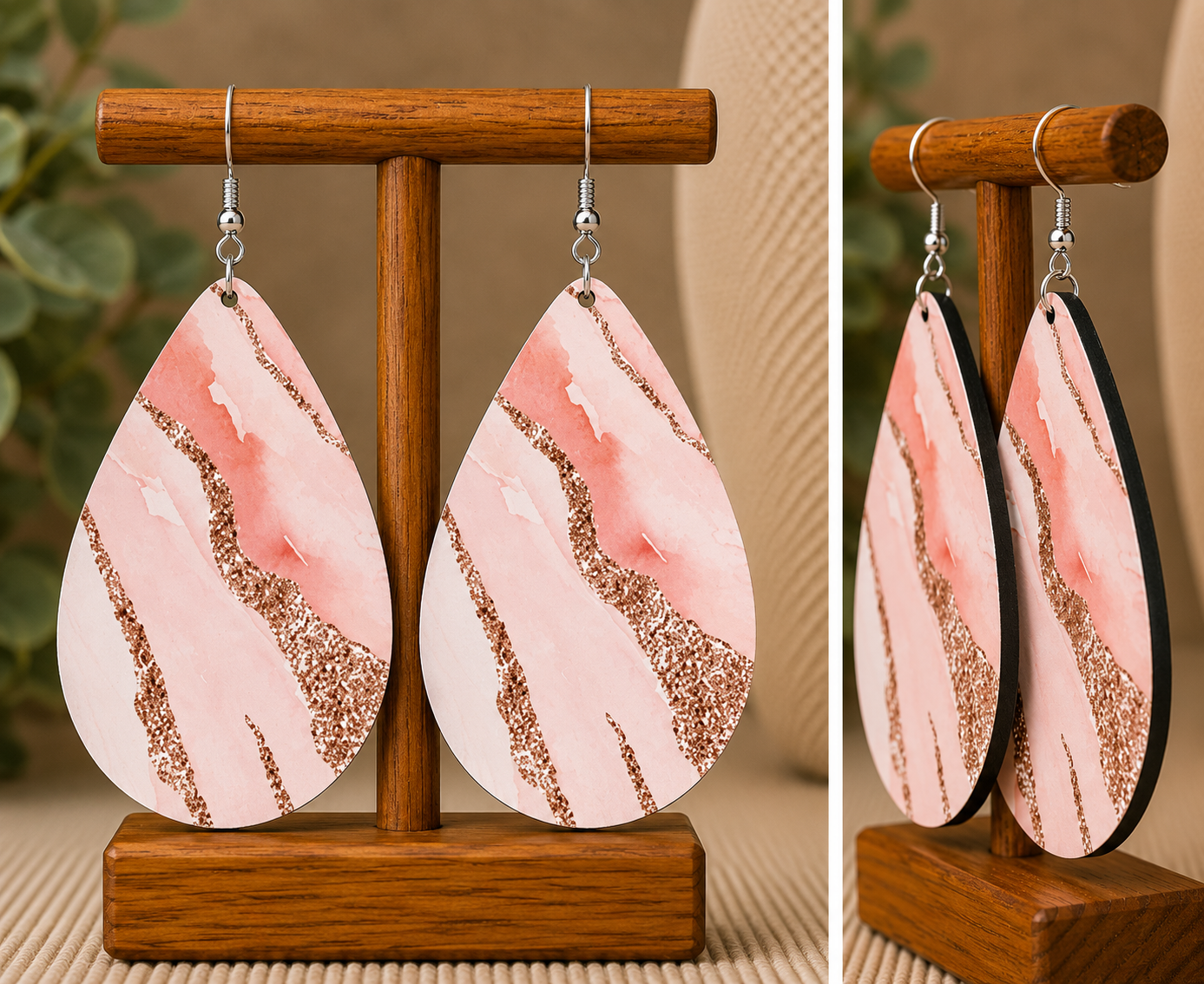 Blush Pink & Rose Gold Marble Teardrop Earrings