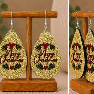 Merry Christmas Gold Glitter Teardrop Earrings