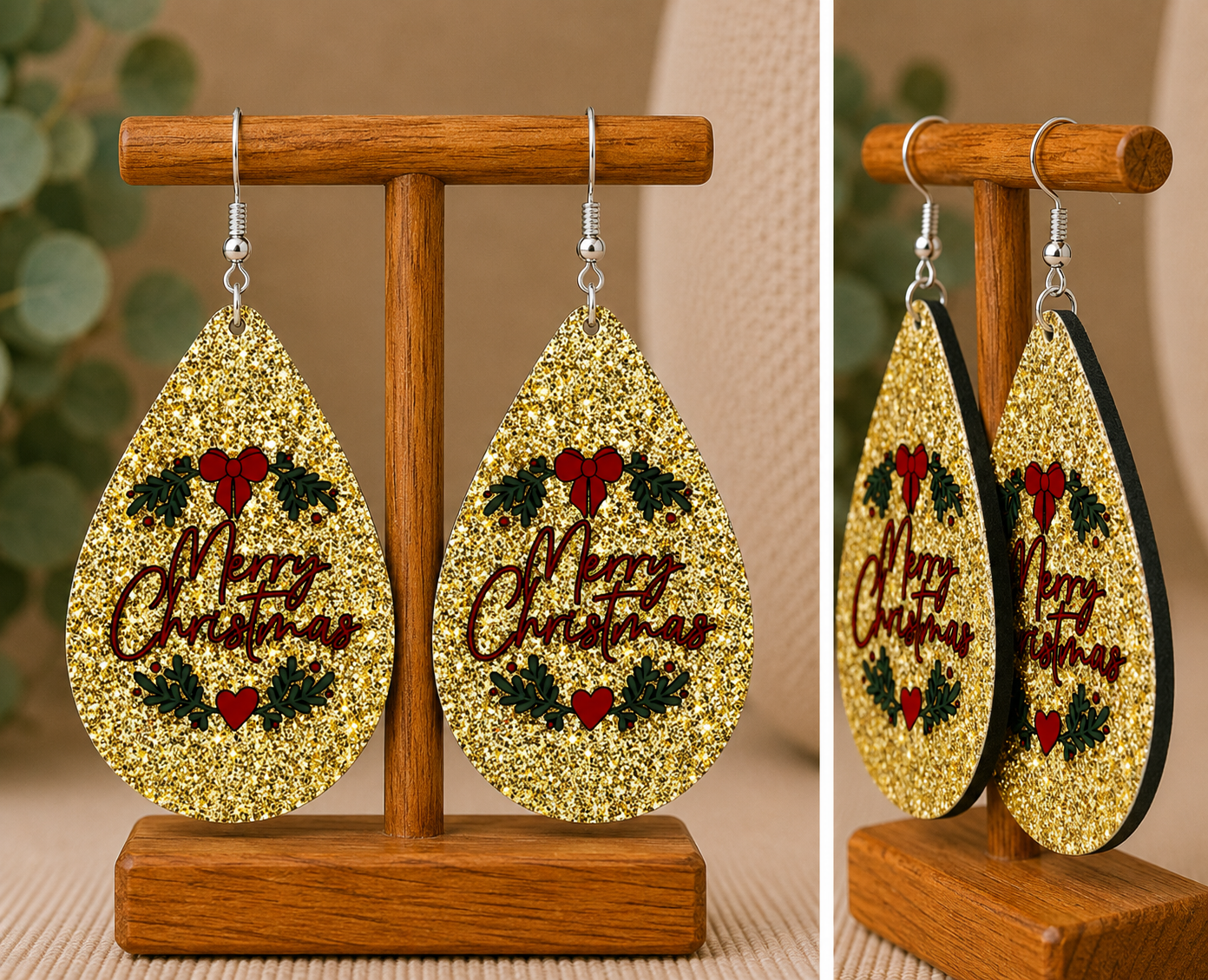 Merry Christmas Gold Glitter Teardrop Earrings
