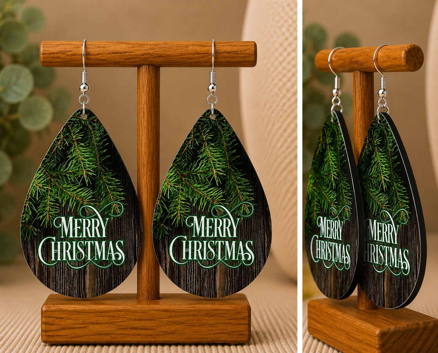 Rustic Merry Christmas Teardrop Earrings
