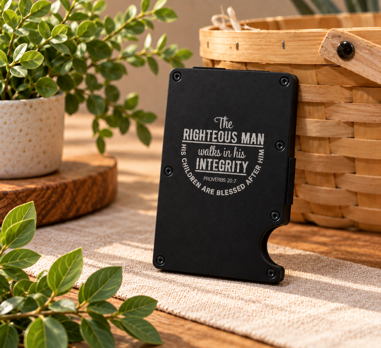 Slim Metal Wallet - "Righteous Man - Proverbs 20:7"