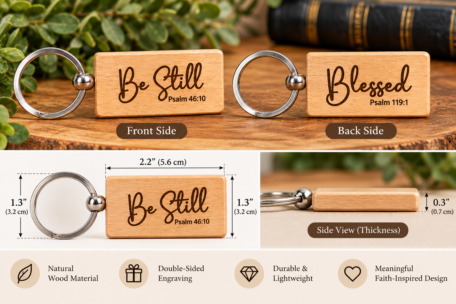 "Be Still & Blessed" Double-Sided Engraved Wooden Keychain - Image 2