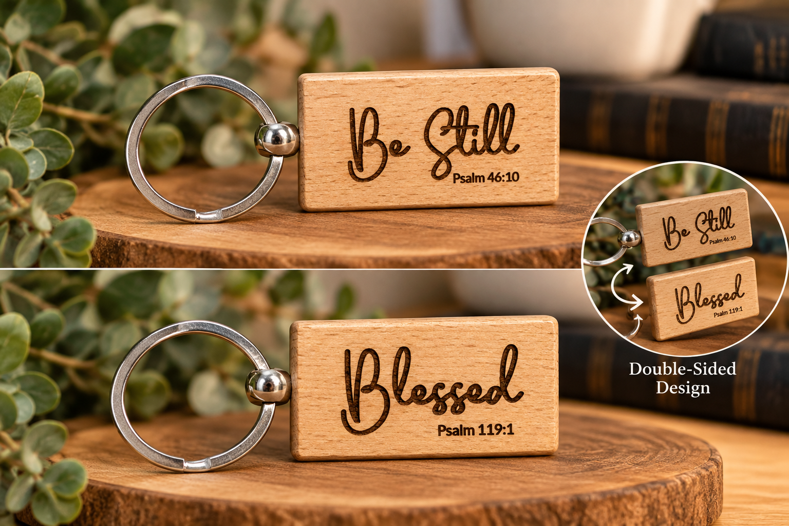 "Be Still & Blessed" Double-Sided Engraved Wooden Keychain