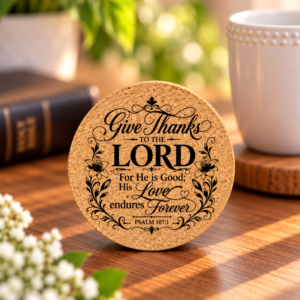 “Give Thanks to the Lord for He Is Good” Round Cork Coaster