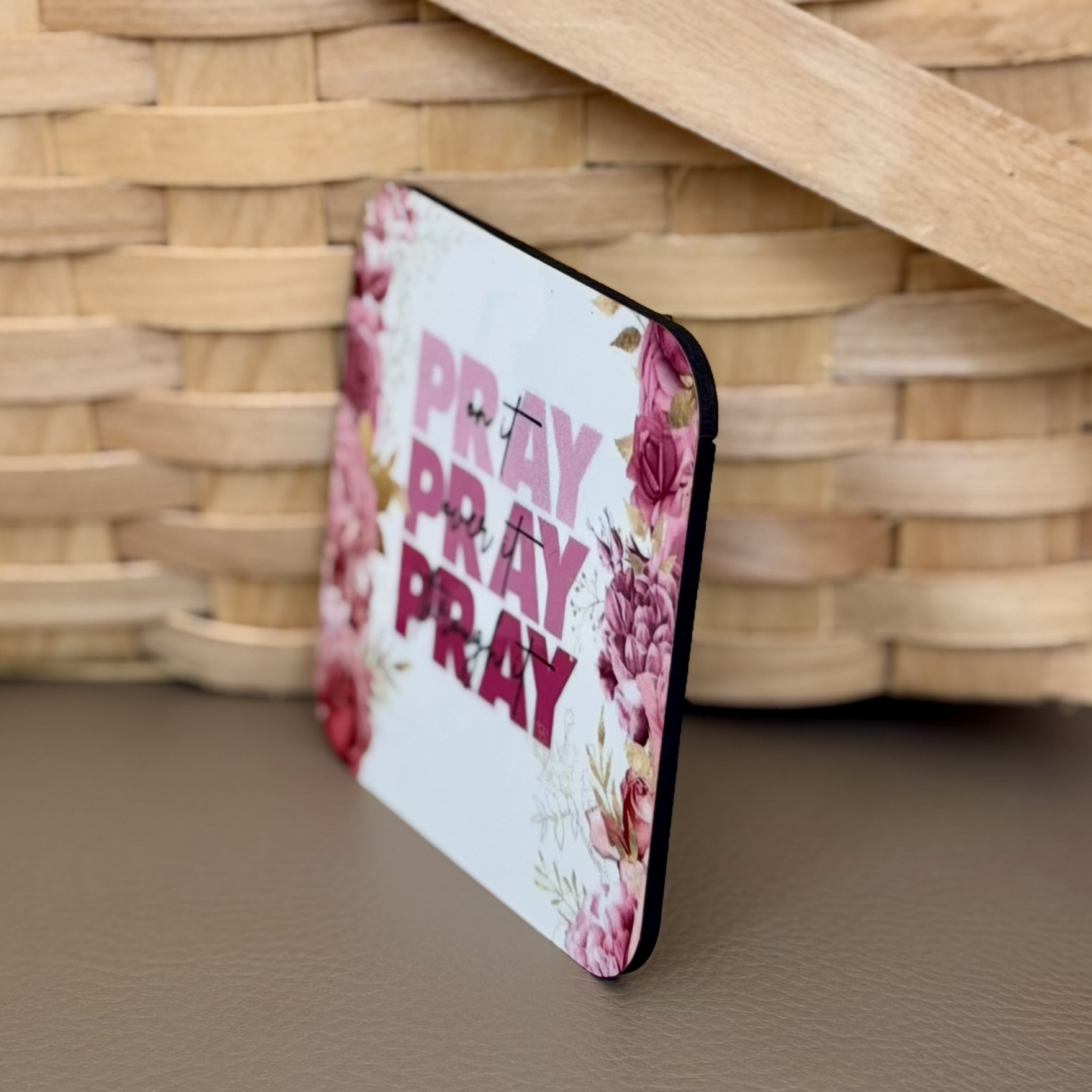 “Pray on It, Pray Over It, Pray Through It” Pink Square Magnet - Image 2
