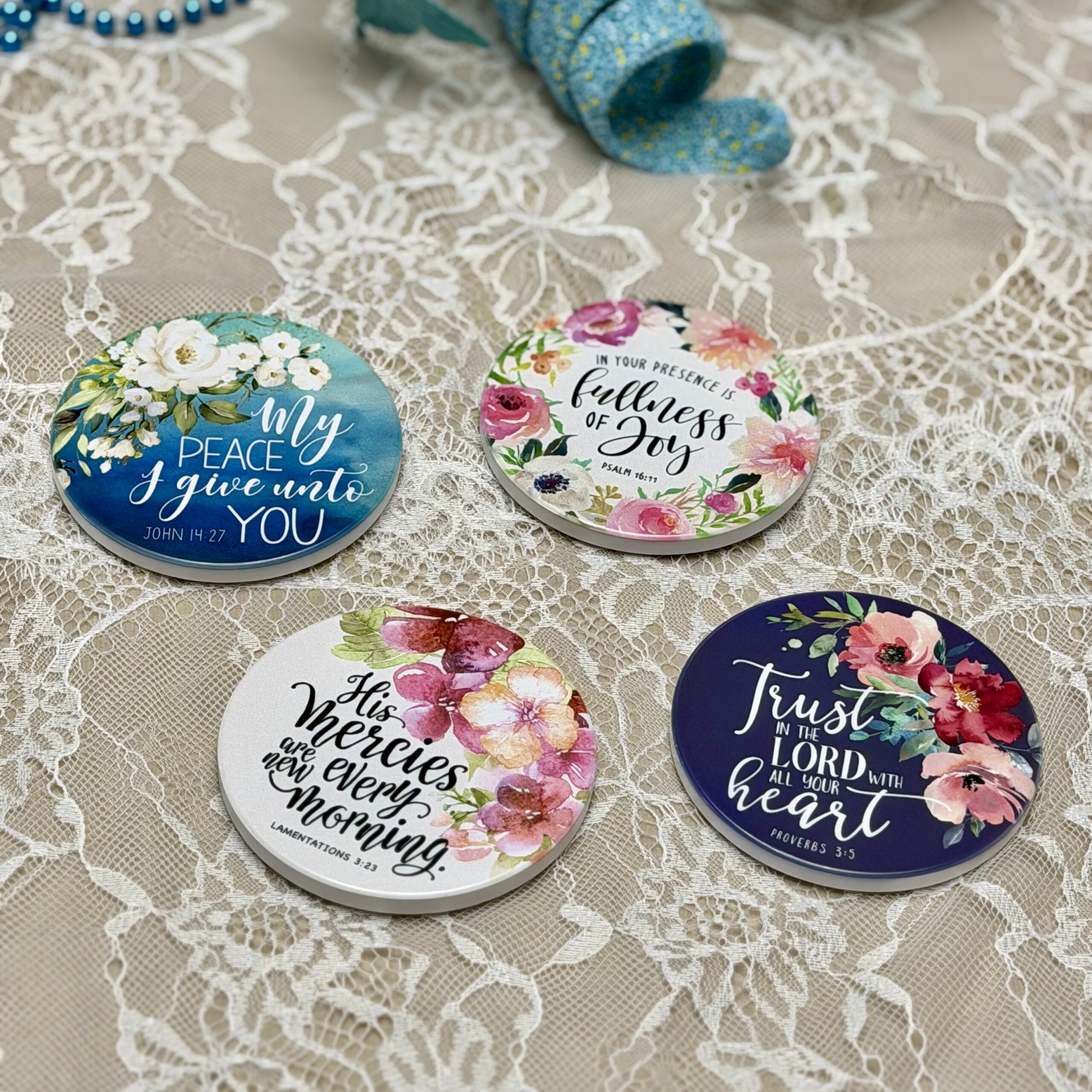 "Trust, Peace, Joy and His Mercies" Ceramic Coasters - Set of 4