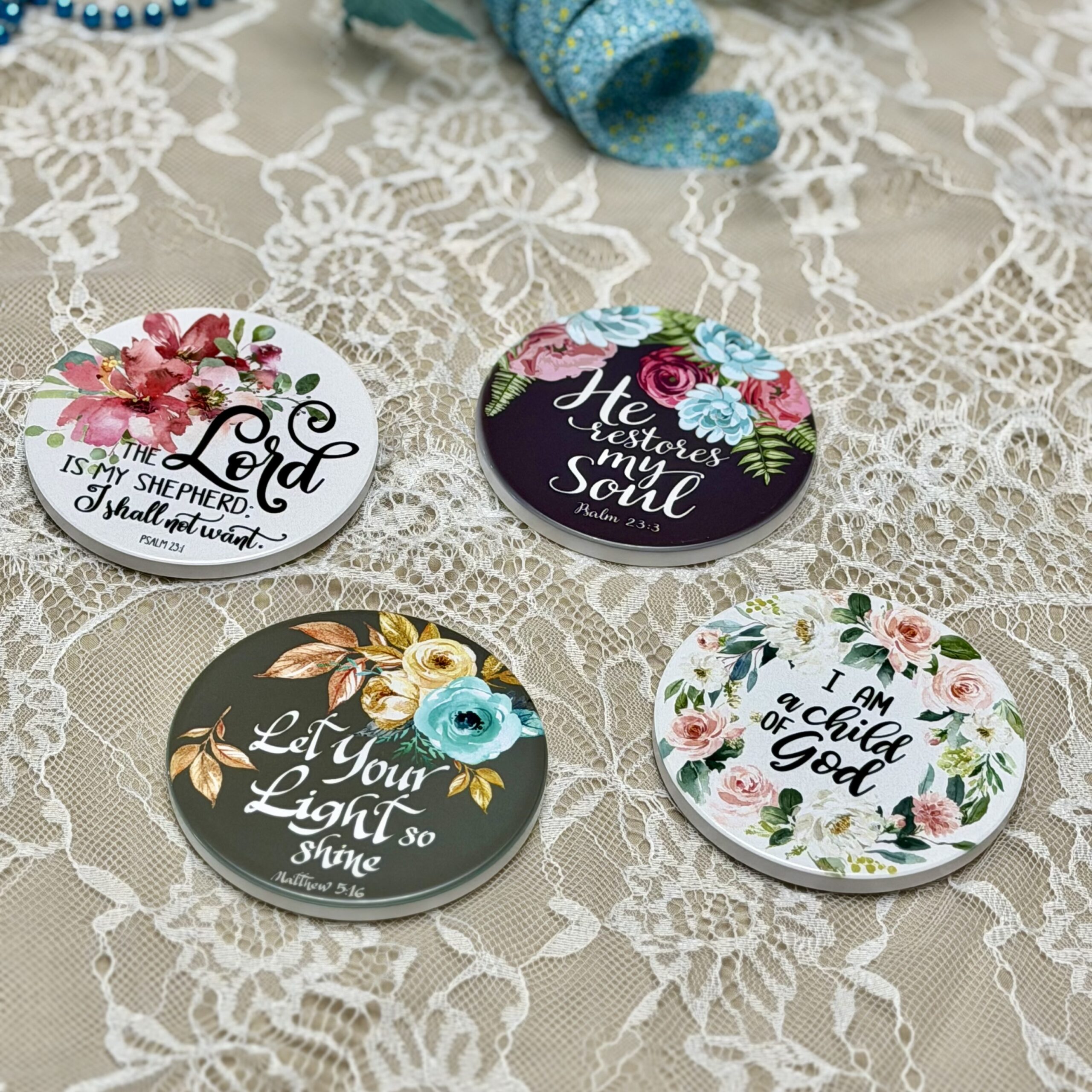 “Guidance, Restoration, Light and Faith” Ceramic Coasters - Set of 4