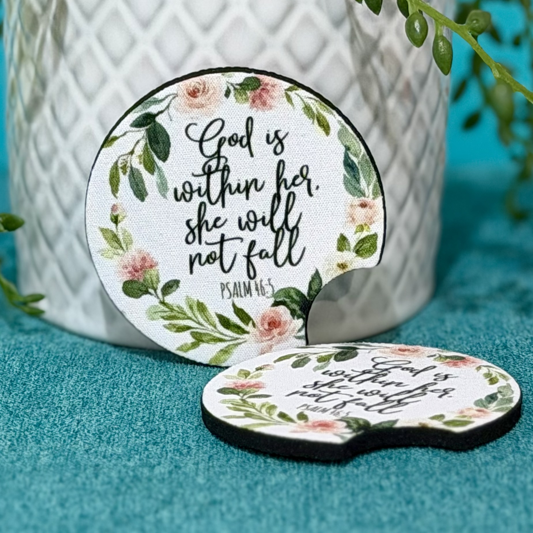 “God Is Within Her” Neoprene Car Coasters – Set of 2