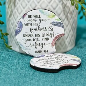 “He will Cover You With His Feathers” Neoprene Car Coasters – Set of 2