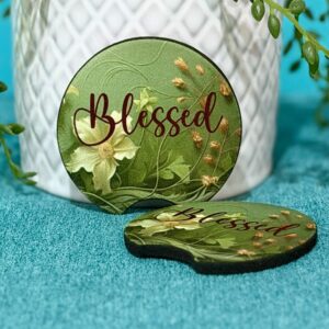 “Blessed” Floral Neoprene Car Coasters – Set of 2