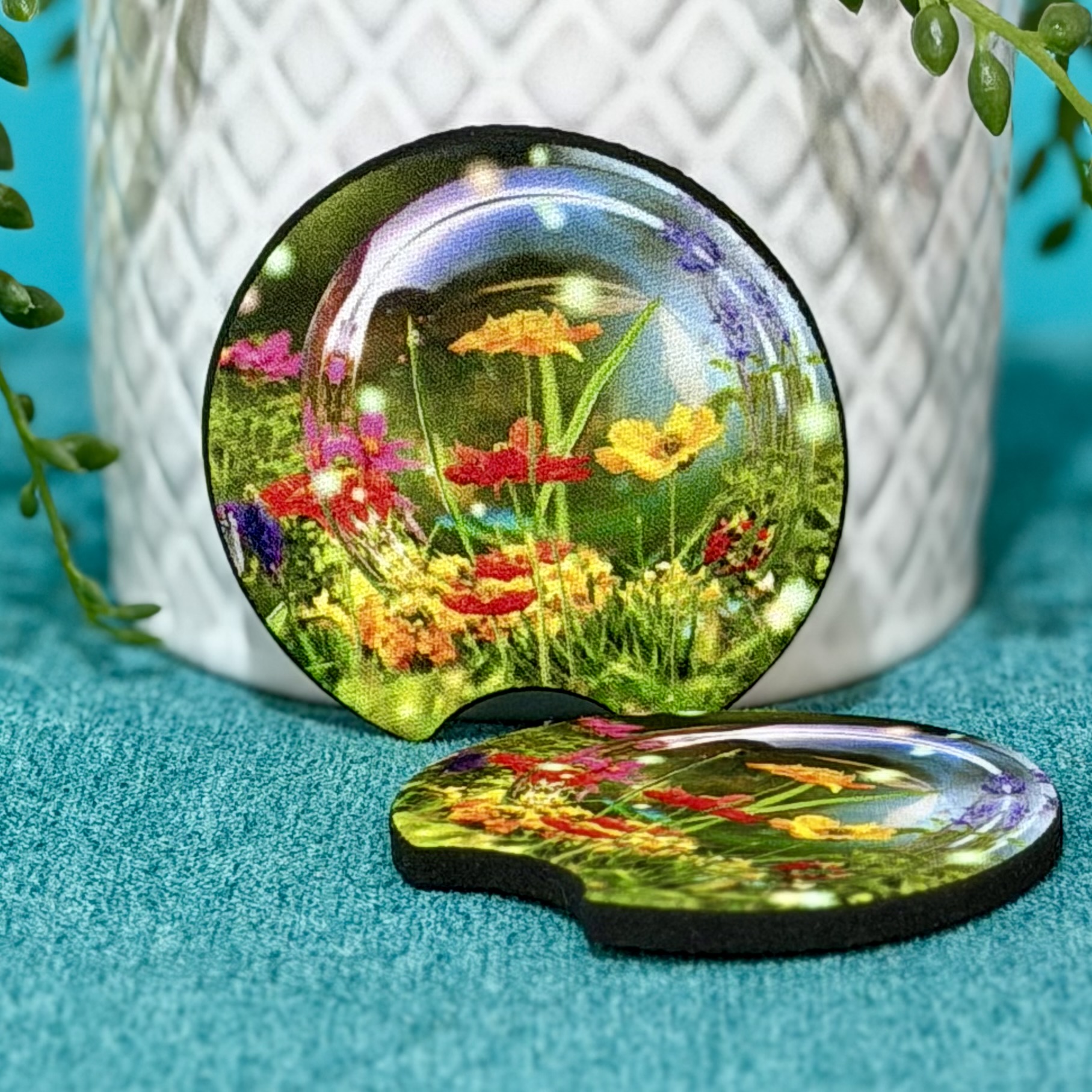 Vibrant Floral Garden Neoprene Car Coasters - Set of 2