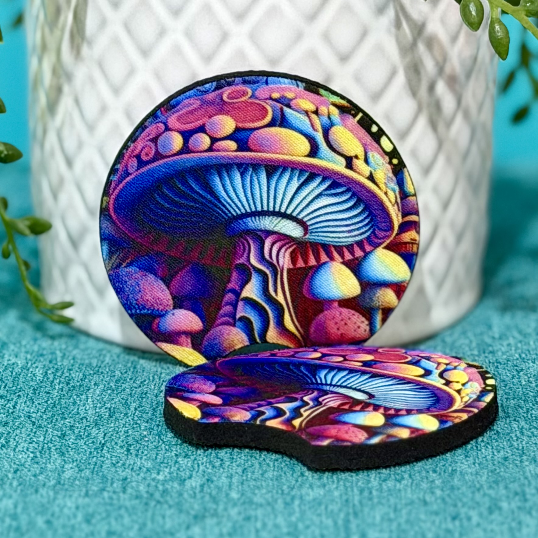 Colorful Mushroom Garden Neoprene Car Coasters - Set of 2