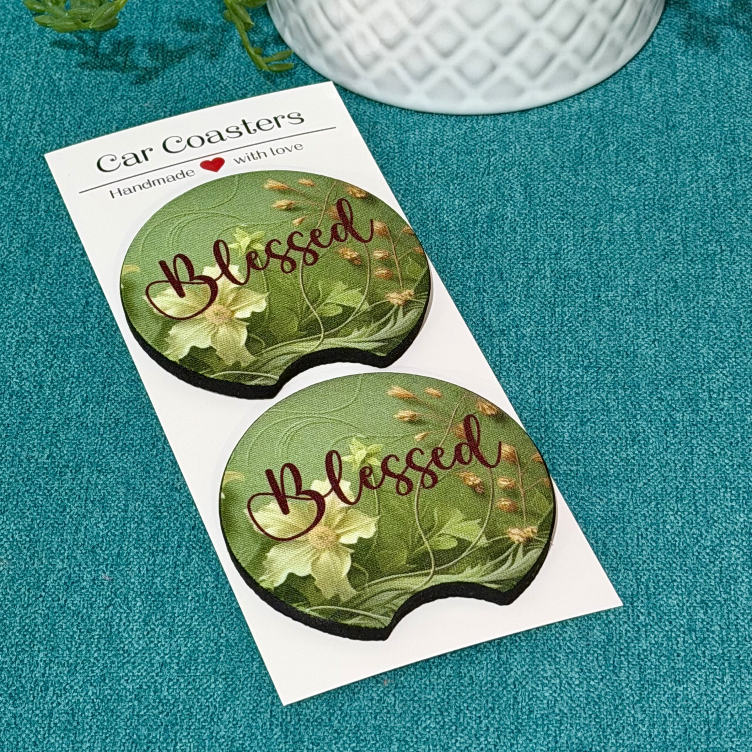 “Blessed” Floral Neoprene Car Coasters – Set of 2 - Image 2