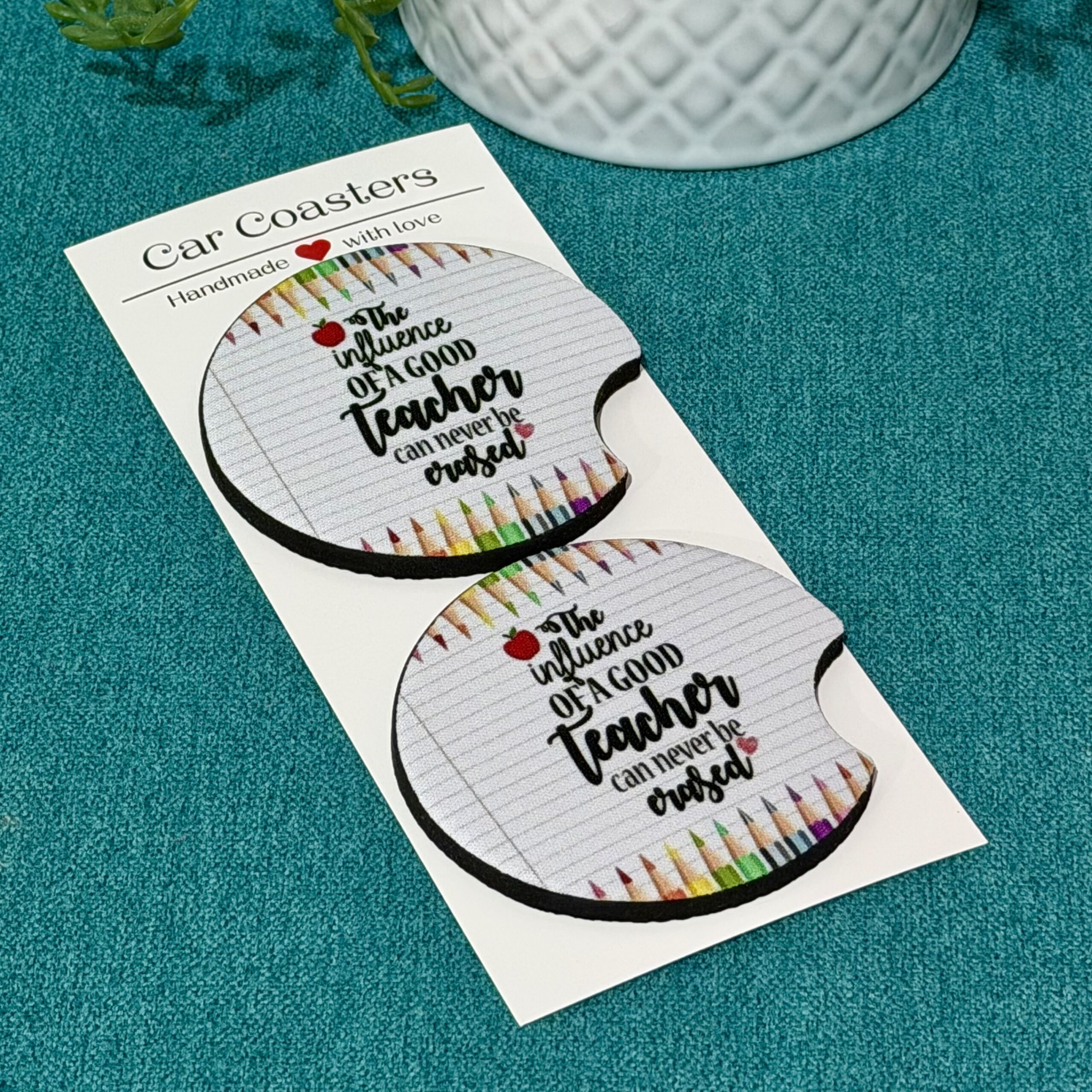 "The Influence of a Good Teacher" Neoprene Car Coasters - Set of 2 - Image 2