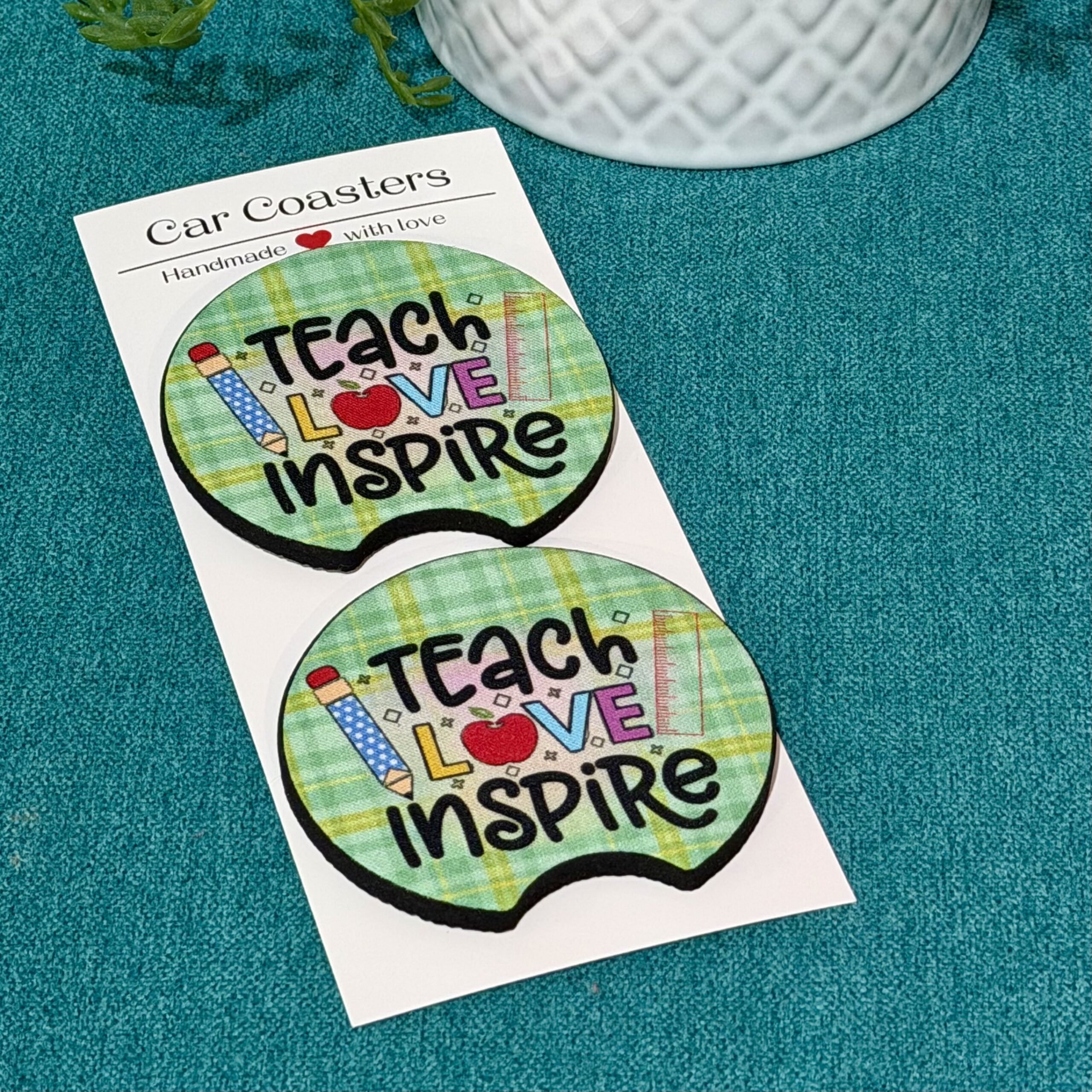 "Teach, Love, Inspire" Neoprene Car Coasters - Set of 2 - Image 2