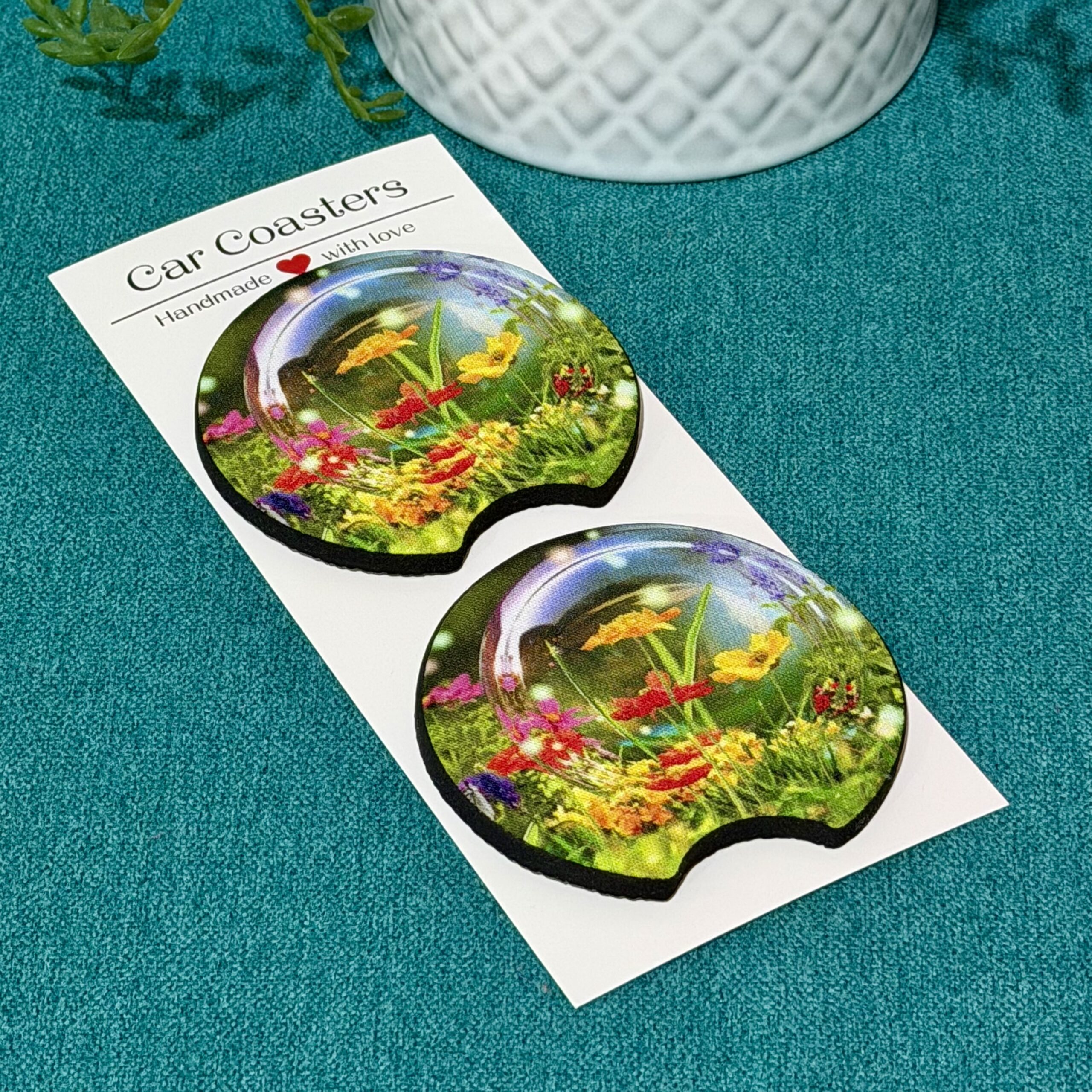 Vibrant Floral Garden Neoprene Car Coasters - Set of 2 - Image 2