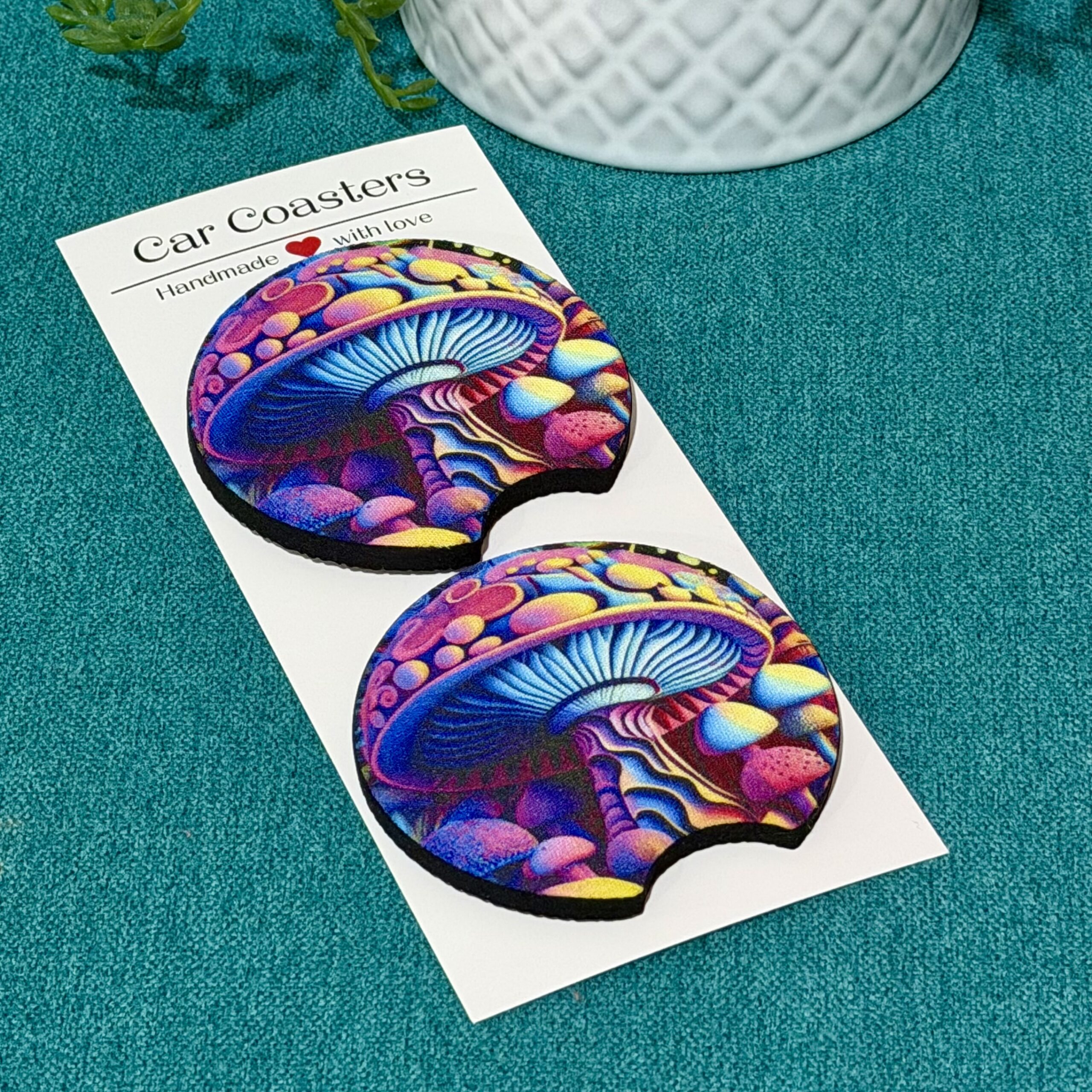 Colorful Mushroom Garden Neoprene Car Coasters - Set of 2 - Image 2