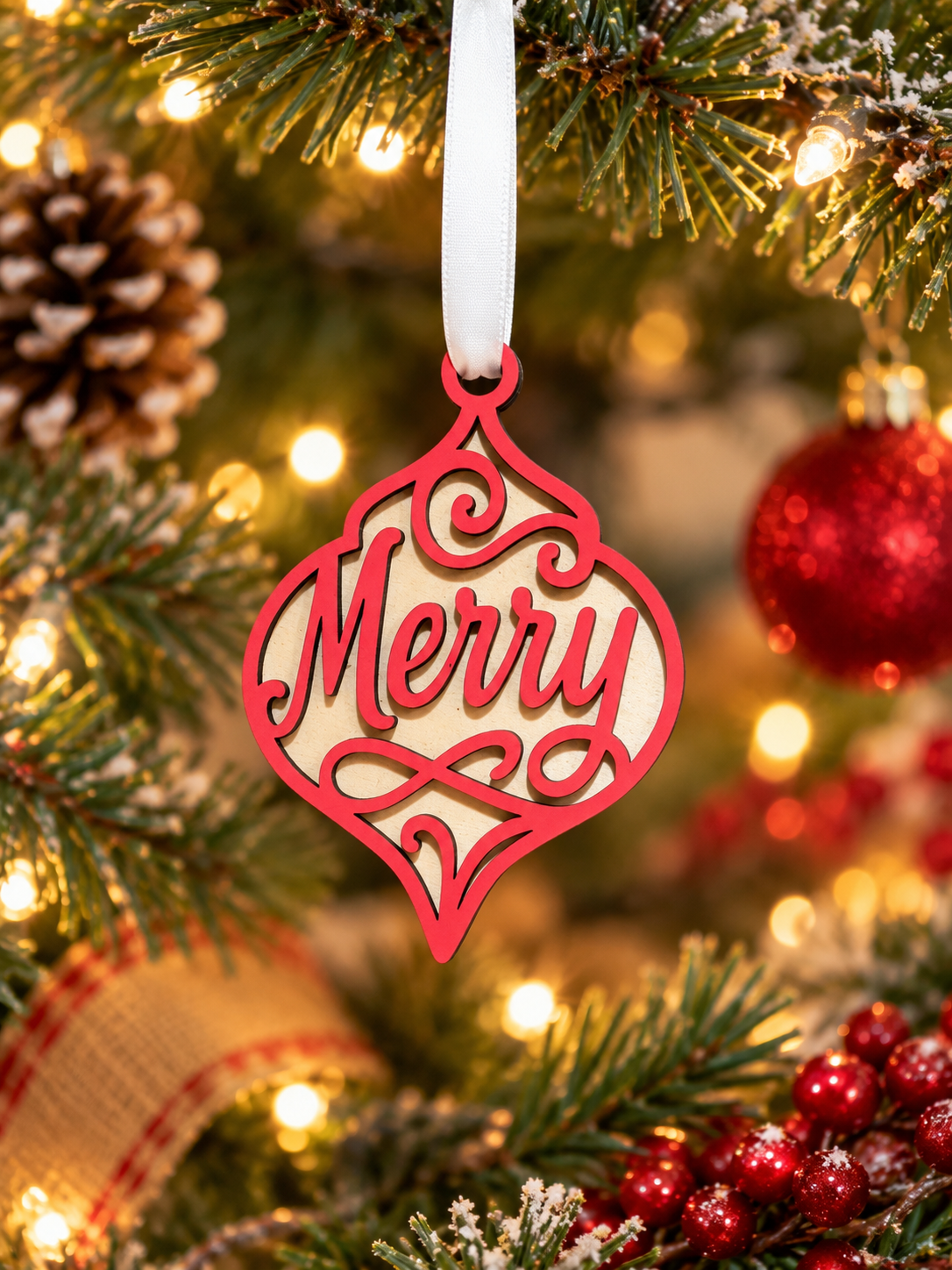 "Merry" Double-Layer Basswood Christmas Ornament