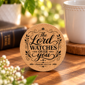 “The Lord Watches Over You” Round Cork Coaster