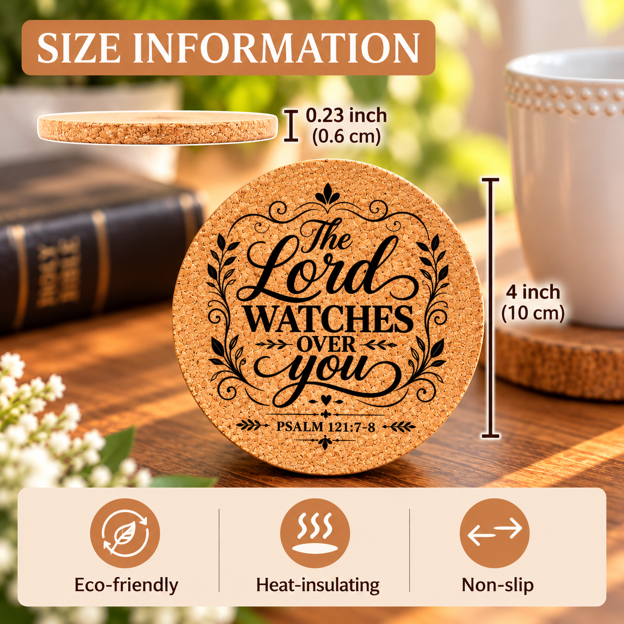 “The Lord Watches Over You” Round Cork Coaster - Image 2