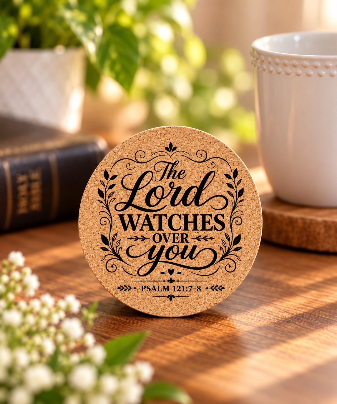 “The Lord Watches Over You” Round Cork Coaster