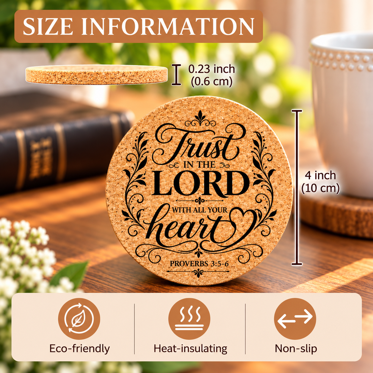 “Trust in the Lord With All Your Heart” Round Cork Coaster - Image 2