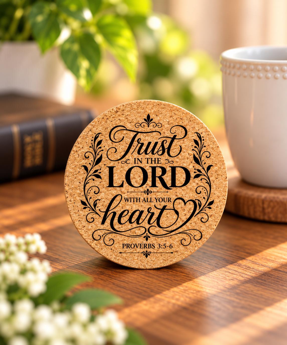 “Trust in the Lord With All Your Heart” Round Cork Coaster